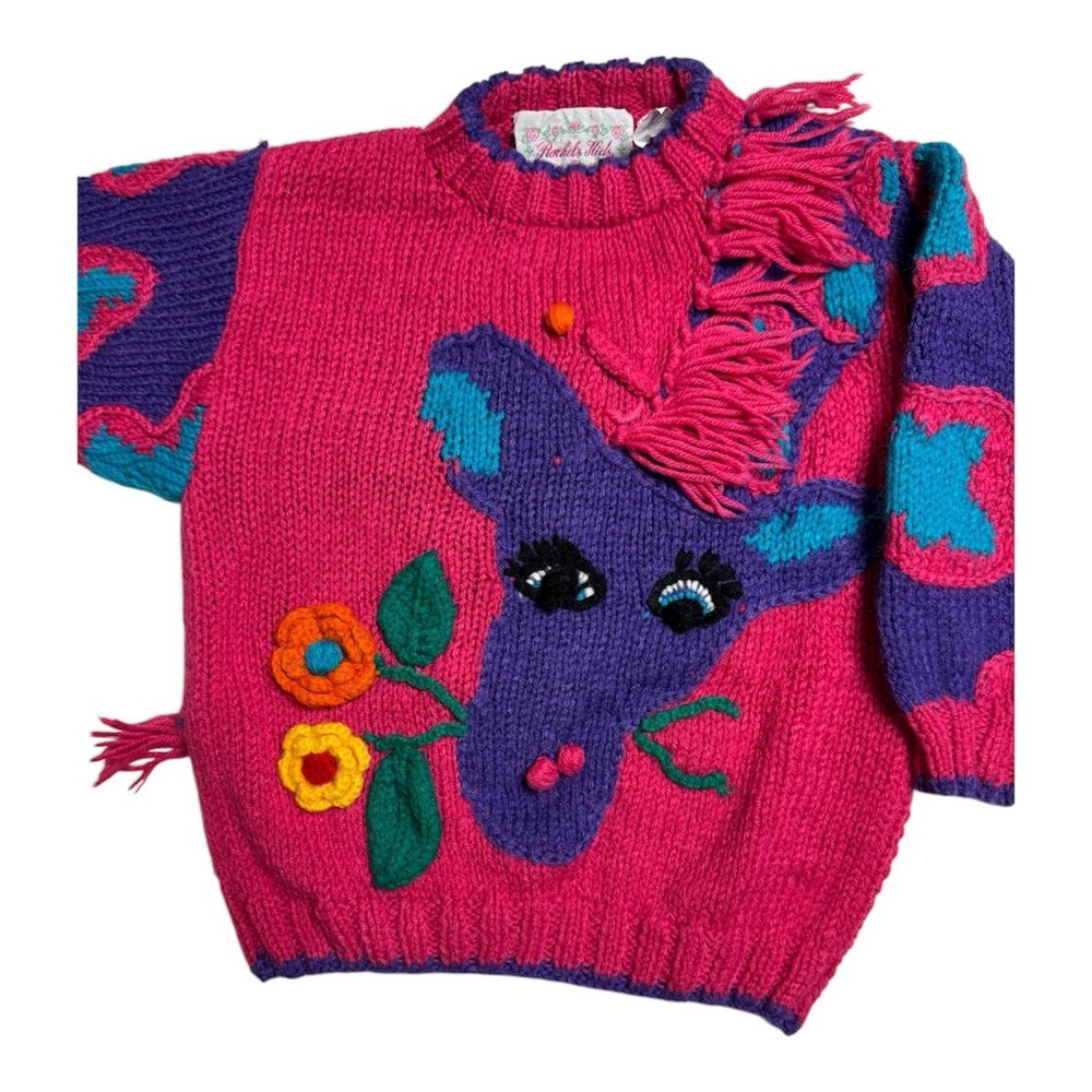 Girls Vintage Rachel's Kid's Sz 5 Pink Sweater Purple Giraffe Fringe Appliqué